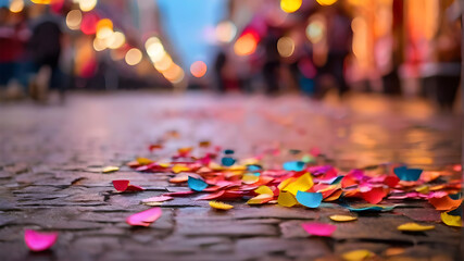 colorful confetti fallen on the street at carnival blurred background banner