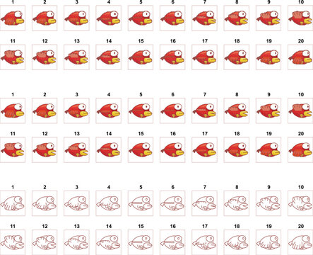 Animation of a flying bird frame by frame. Cartoon funny little bird in different styles for games.