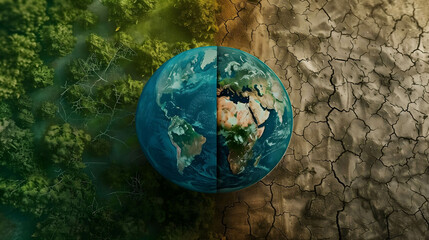 two part of globe earth, beautiful green world on the left side and dry world on the right side, caring for the environment and the world concept