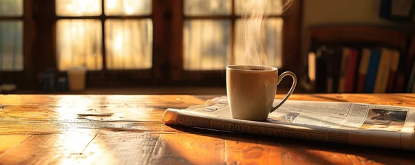 Foto op Plexiglas coffee cup or mug on wood table. Fresf hot coffee in cup from side view © Filip