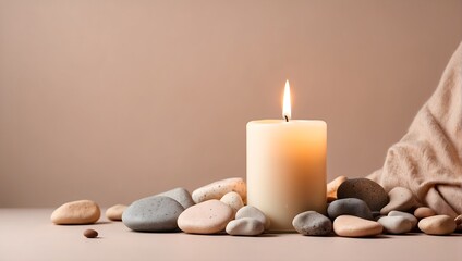 Aroma candle on beige background. Warm aesthetic composition with stones. Cozy home comfort, relaxation and wellness concept. Interior decoration mockup