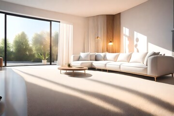 Living room interior for modern home, white sofa on carpet, sunrays through full wall window