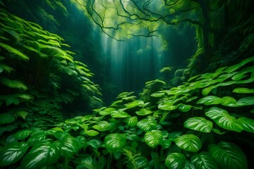 A picturesque display of verdant greenery, captured by a high-definition camera, presenting the beauty of nature with an array of plants and leaves in vivid