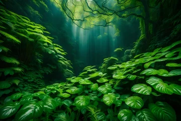 Papier Peint photo Vert A picturesque display of verdant greenery, captured by a high-definition camera, presenting the beauty of nature with an array of plants and leaves in vivid