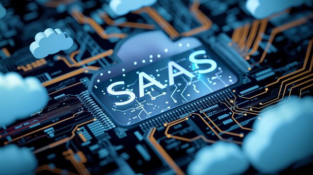 SaaS, Software as a Service. Networking Technology Internet concept. SAAS logo shown on an electronic circuit board