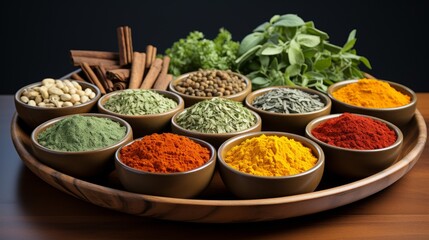 A vibrant array of spices and herbs, including turmeric, paprika, and basil, displayed in small bowls against a white isolated background, showcasing their rich