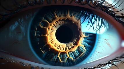 Fototapeta premium Human eye close-up, human eye close-up with virtual hologram elements