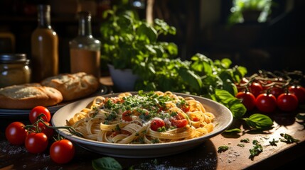 Freshly made pasta with homemade sauce on a kitchen table, rustic setting, showcasing the traditional and authentic preparation of Italian cuisine, Photorealist