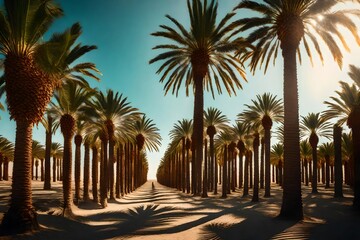 A serene landscape featuring rows of date palm trees, captured with exquisite detail in stunning