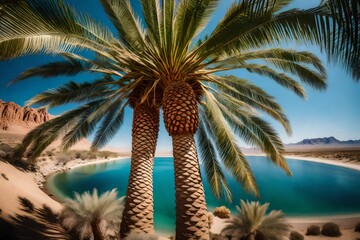 Fototapeta na wymiar A breathtaking view of a date palm oasis captured by an HD camera in realistic