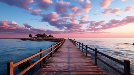 Fototapeta premium Empty wooden pier extending into a calm sea at sunrise, soft pastel sky, conveying the tranquility and beauty of early morning at the beach, Photorealistic, sun