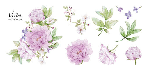 Set of watercolor bouquets with peony flower elements
