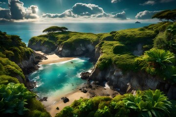 A coastal haven with abundant greenery bathed in sunlight, the high-definition camera capturing the breathtaking scene in mesmerizing