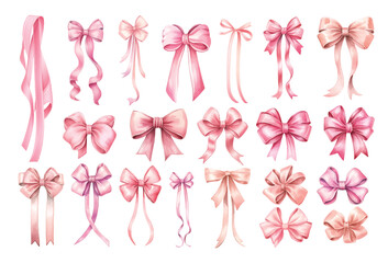 Watercolor vintage pink ribbons and bows Valentines day illustration