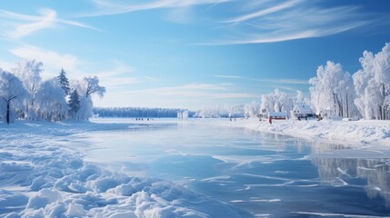 Frozen lake with an ice skating rink, skates and hockey sticks visible, surrounded by a snowy landscape, focusing on the joy of outdoor ice sports, Photorealist - obrazy, fototapety, plakaty