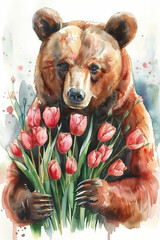 A watercolor painting of a bear holding a colorful bouquet of tulips, with space for text like a postcard