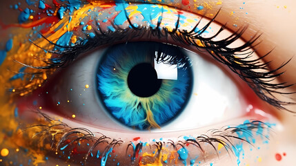 Human eye close-up, human eye close-up with virtual hologram elements - obrazy, fototapety, plakaty