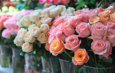 A lush display of assorted roses in various shades of pink