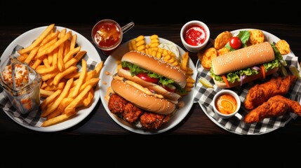 board with chicken nuggets or strips, dipping sauces, fries, and celery, moody lighting to emphasize the textures and colors