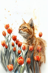 A watercolor painting featuring a cat amidst vibrant tulips, set against a scenic backdrop. Ideal for postcards with ample copy space