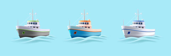 3d realistic fishing boat set of cartoon illustrations of vessel with volume waves, sailing in the sea