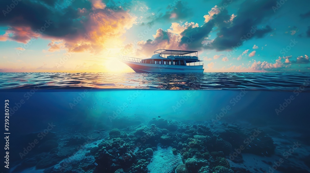 Wall mural beautiful sunlight seaview safari dive boat in tropical sea with deep blue underneath splitted by waterline. Design template