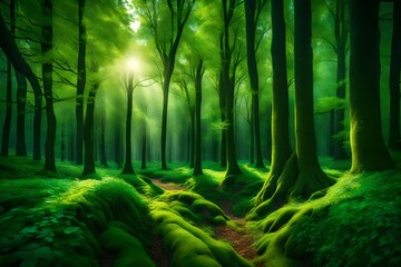 A picturesque display of green trees in a woodland, the HD camera capturing the vibrant shades of...