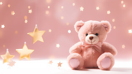 Cute teddy bear, copy space, bokeh effect