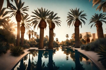 A peaceful oasis featuring tall date palm trees, the HD camera capturing the scene in rich - obrazy, fototapety, plakaty