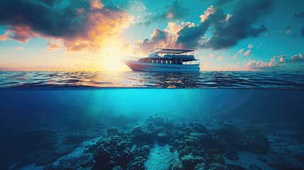 beautiful sunlight seaview safari dive boat in tropical sea with deep blue underneath splitted by waterline. Design template - obrazy, fototapety, plakaty