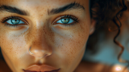 close up portrait of woman with beautiful green eyes,ai