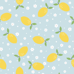 Yellow fruits of lemon with leaves and flowers. Seamless citrus pattern