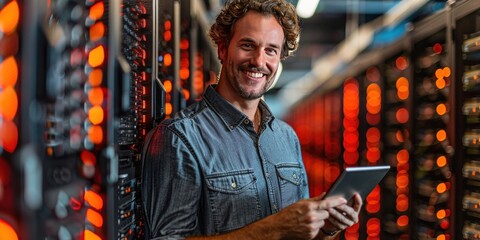 Man working in server room checking and maintaining technology professional scene of network computing and connectivity showcasing expert technician care of server hardware and data storage systems