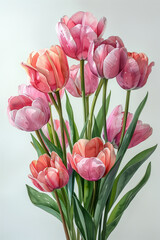 A watercolor painting featuring a bouquet of pink and orange tulips in a vase, set against a neutral background with ample copy space