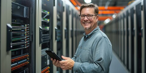 Man working in server room checking and maintaining technology professional scene of network computing and connectivity showcasing expert technician care of server hardware and data storage systems
