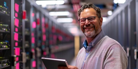 Man working in server room checking and maintaining technology professional scene of network computing and connectivity showcasing expert technician care of server hardware and data storage systems
