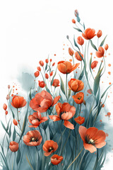 A watercolor painting featuring vibrant red tulips on a clean white background, with space for text or additional design elements