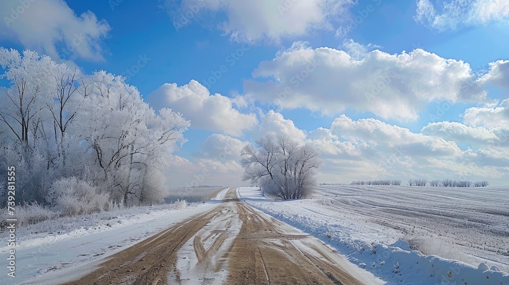 Sticker Dirt road leading to frosted woodland along snowy farmland under blue sky with white fluffy clouds