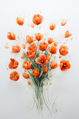 A watercolor painting depicting orange flowers on a white background, suitable for a postcard with copy space