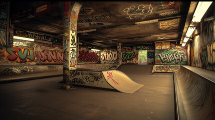 skate park with grafitti walls,ai