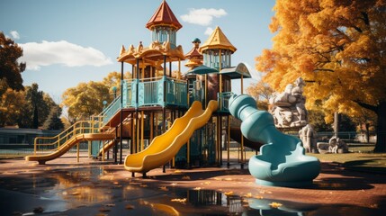 Children's playground in a park, swings and slides, empty of people, conveying the joy and family-friendly atmosphere of outdoor play areas, Photorealistic, pla - obrazy, fototapety, plakaty