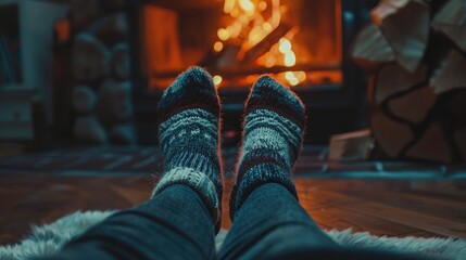 Feet in wool socks warming by cozy fire - obrazy, fototapety, plakaty
