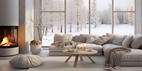 Fototapeta na wymiar Stylish living room interior with comfortable sofa