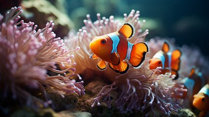 Naklejka na ściany i meble Anemone housing a clownfish, vibrant colors of the anemone against the ocean floor, the symbiotic relationship between species, Photorealistic, marine ecosystem