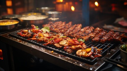 Close-up of street food being prepared, sizzling grill with various meats and vegetables, smoke and steam rising, focusing on the vibrant and sensory experience - obrazy, fototapety, plakaty