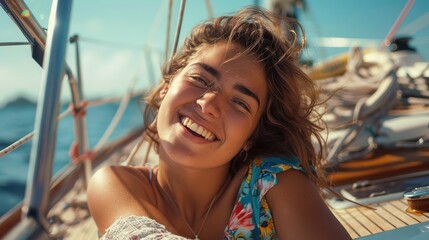 Smiling woman lying on yacht at sunny day