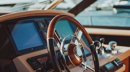 steering wheel on a luxury yacht. - obrazy, fototapety, plakaty