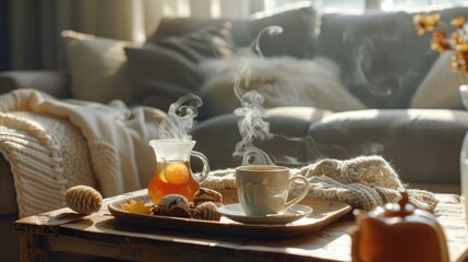 Naklejka premium Still life details in home interior of living room. Sweaters and cup of tea with steam on a serving tray on a coffee table. Breakfast over sofa in morning sunlight. Cozy autumn or winter concept.