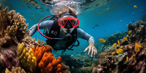 Underwater portrait of woman scuba diver swimming over coral reef.