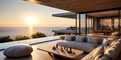 Contemporary villa with floor to ceiling windows offering breathtaking views of the ocean in Malibu, California - obrazy, fototapety, plakaty